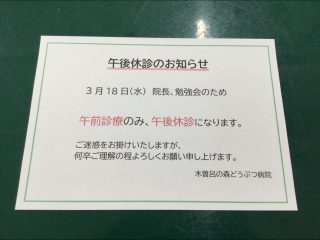 3月18日(水)、勉強会のため午後休診のお知らせです。
ご迷惑をお掛け致しますが、何卒よろしくお願い申し上げます。